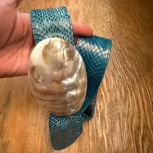 Vintage BARI Teal Snakeskin Belt Mother of Pearl Shell Buckle